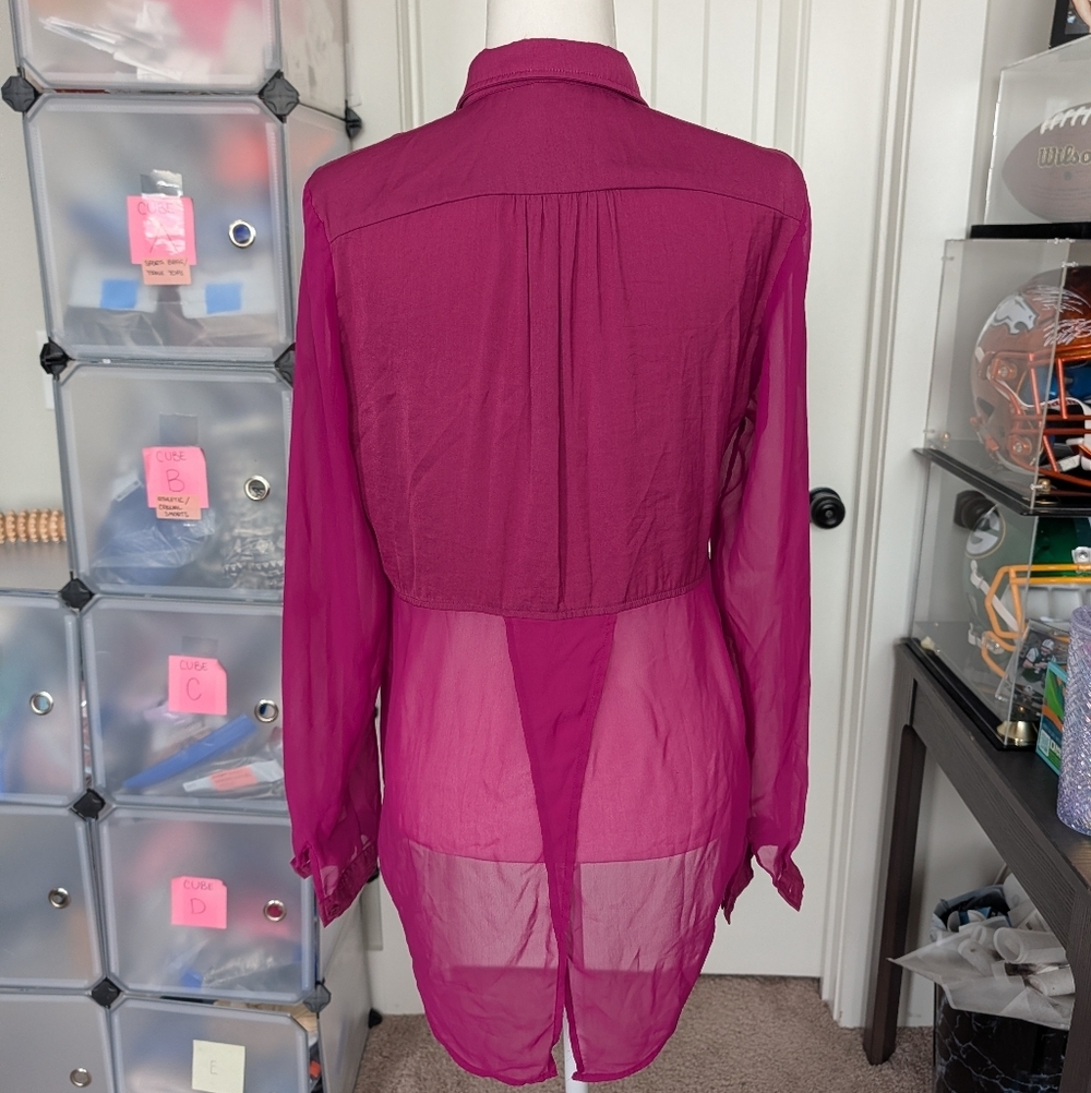 Free People Magenta Purple Best of Both Worlds Sheer Button Down Shirt Small - Picture 3 of 9
